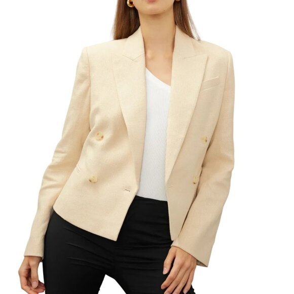 A.L.C. NWT River Double Breasted Blazer Linen Light Beige Cropped Jacket ALC 10 - Picture 2 of 7
